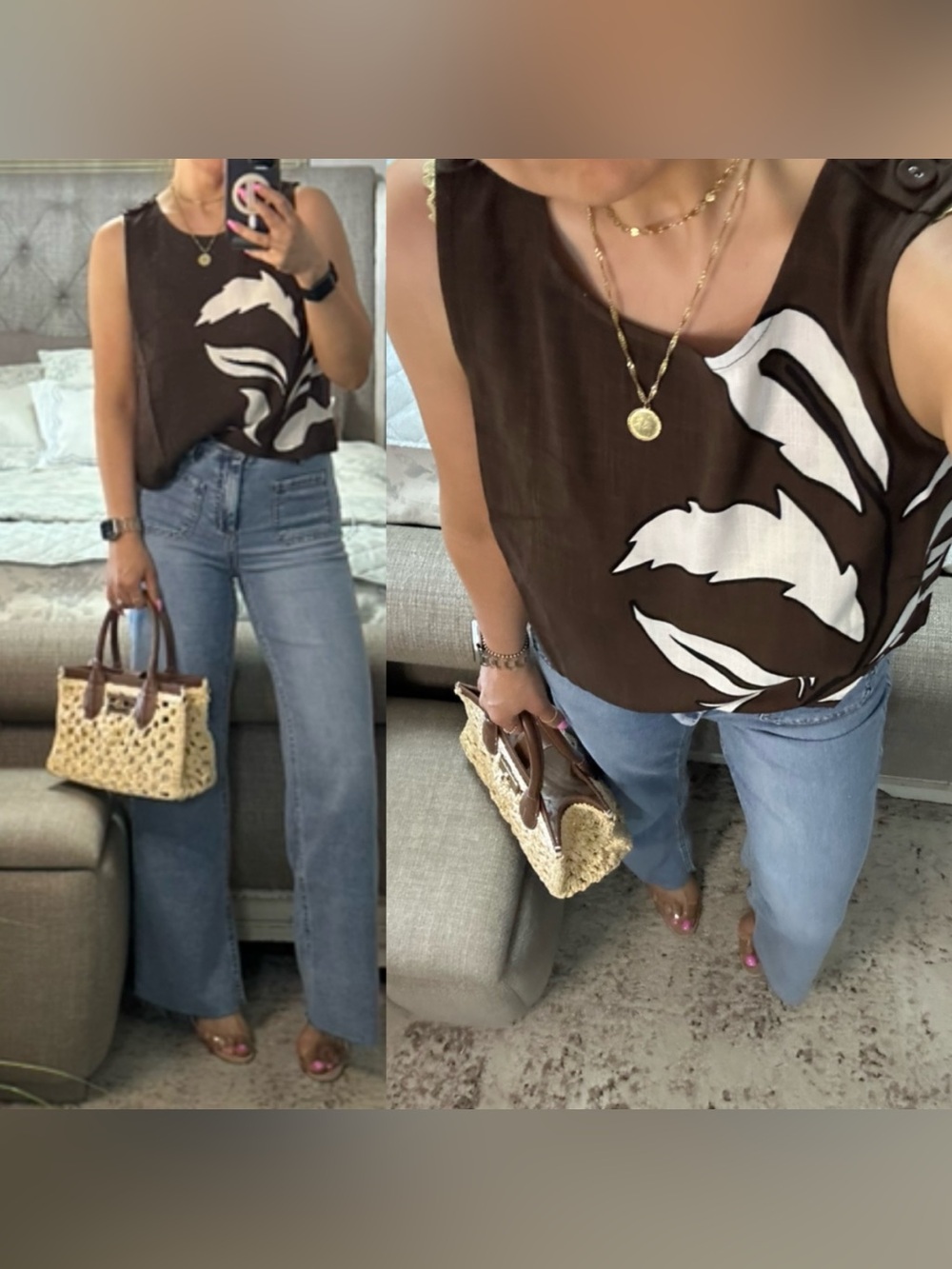 New🌺 Chocolate Brown Abstract Leaf Sleeveless Top